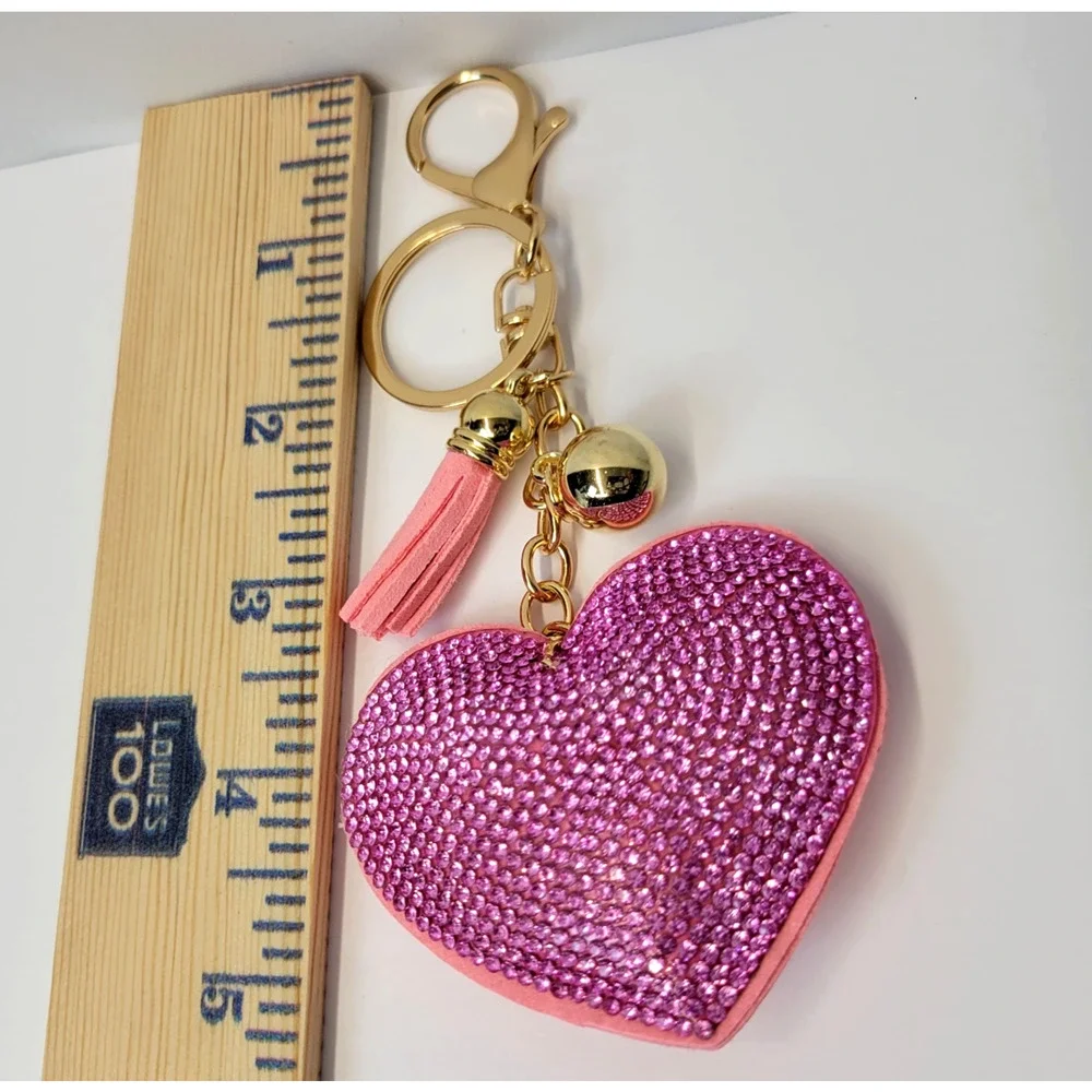 Heart‎ Rhinestone Bling Keychain Tassel Pink Tone Purse Bag Charm Gift Cute New